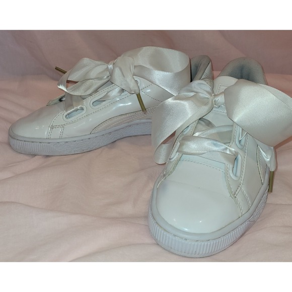 Puma Shoes - PUMA Basket Heart Patent White Woman's Sneakers Satin Ribbon Laces‎ Size 7.5 US